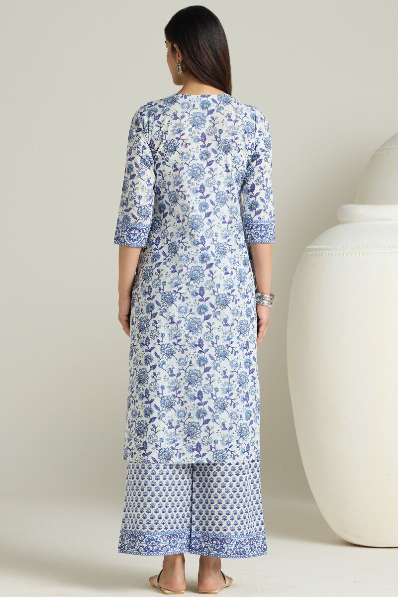 White Hand Printed Straight Cotton Dobby Kurta