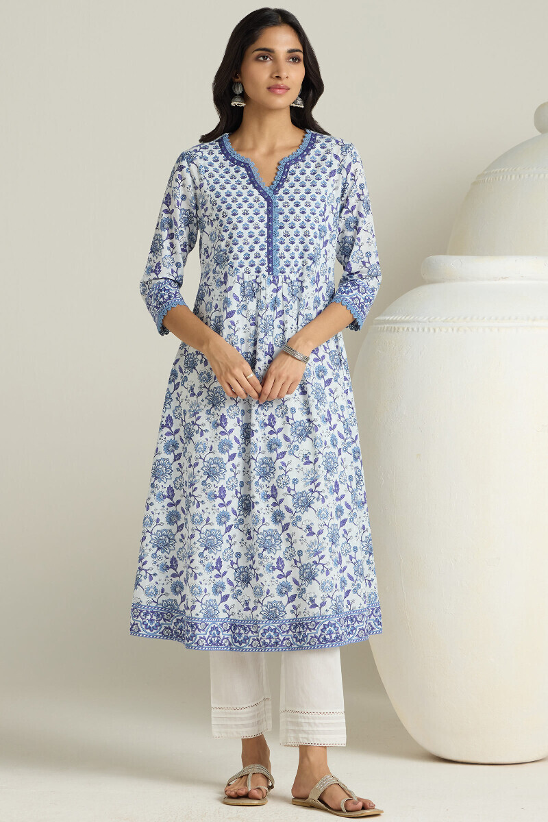 White Hand Printed A-Line Cotton Dobby Kurta