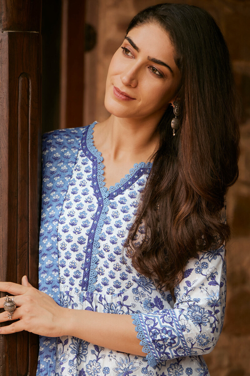 White Hand Printed A-Line Cotton Dobby Kurta