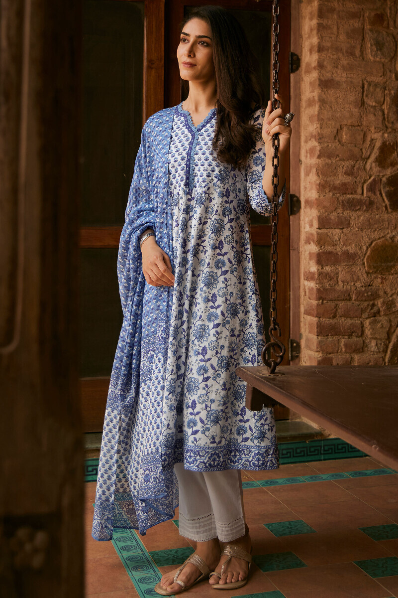 White Hand Printed A-Line Cotton Dobby Kurta