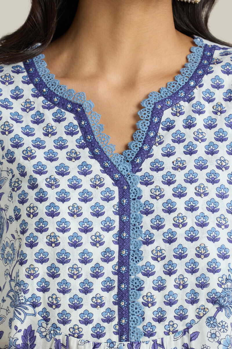 White Hand Printed A-Line Cotton Dobby Kurta