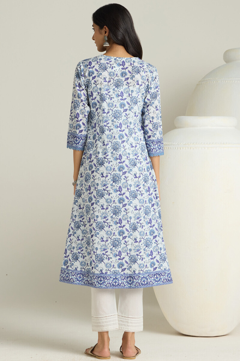 White Hand Printed A-Line Cotton Dobby Kurta