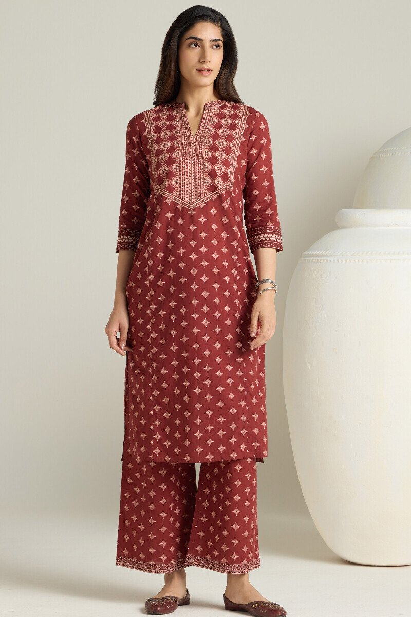 Maroon Printed Straight Cotton Kurta