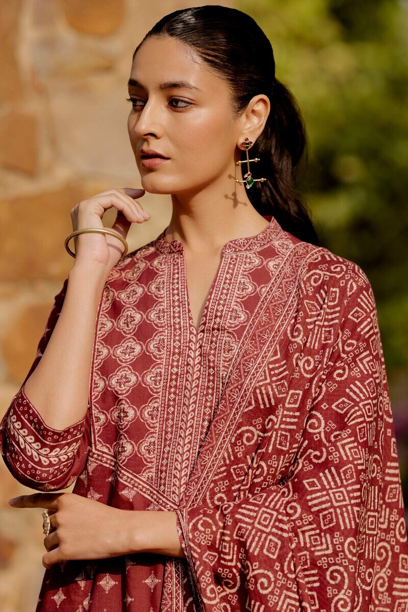 Maroon Printed Straight Cotton Kurta
