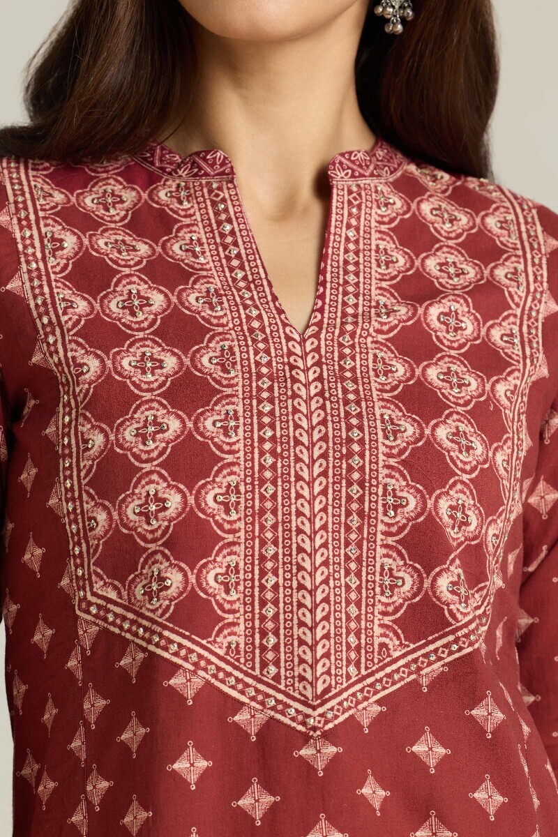 Maroon Printed Straight Cotton Kurta