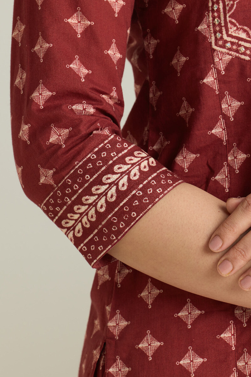 Maroon Printed Straight Cotton Kurta