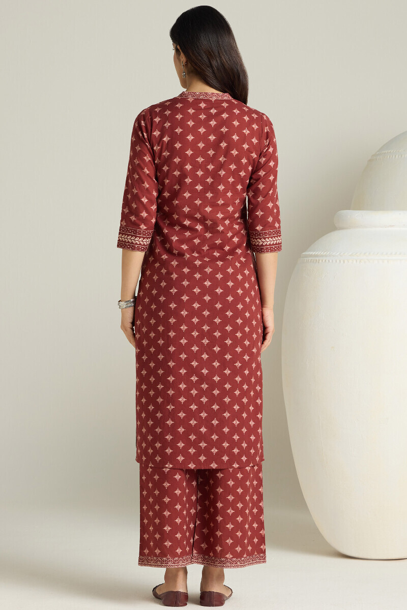 Maroon Printed Straight Cotton Kurta