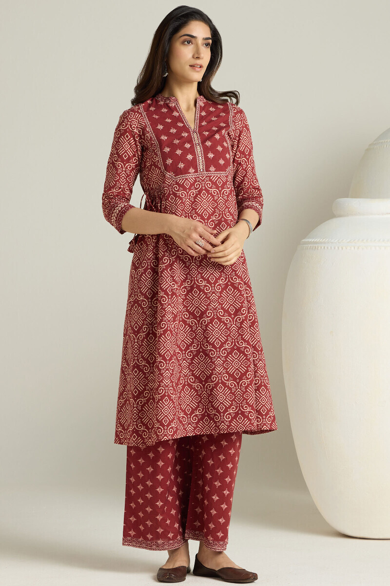 Maroon Printed A-Line Cotton Kurta