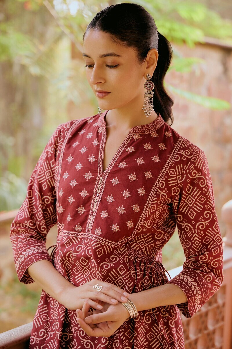 Maroon Printed A-Line Cotton Kurta