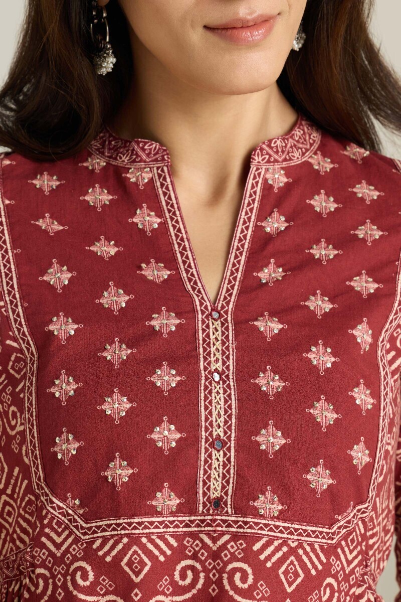 Maroon Printed A-Line Cotton Kurta
