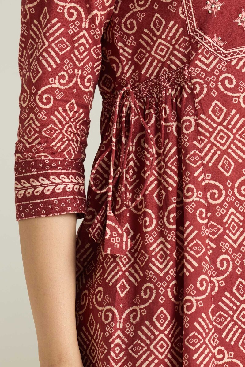 Maroon Printed A-Line Cotton Kurta