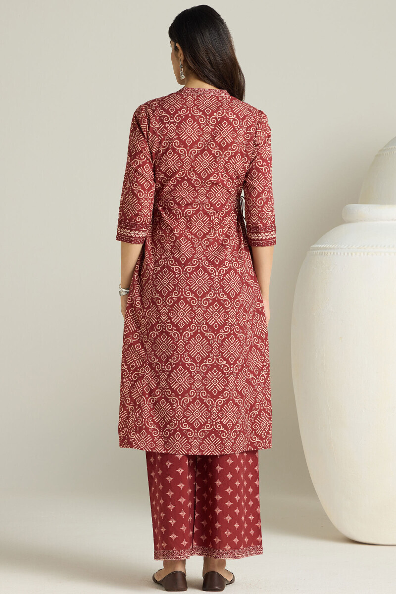 Maroon Printed A-Line Cotton Kurta