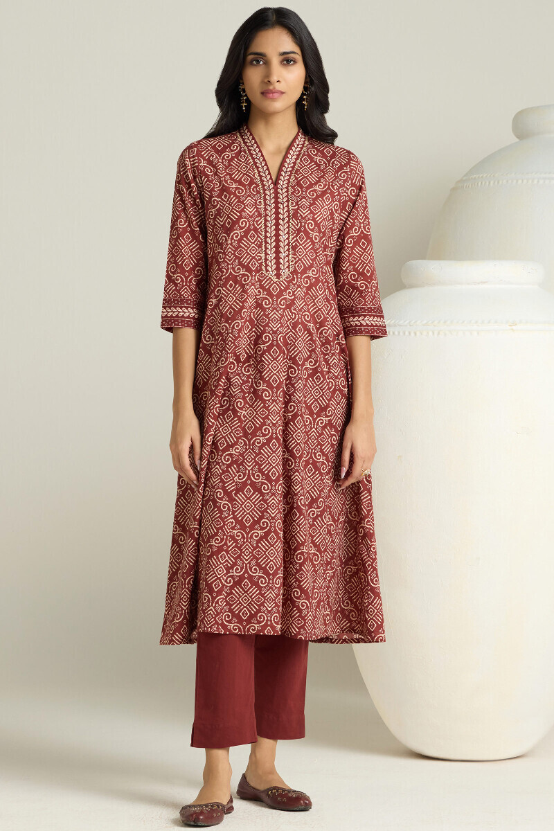 Maroon Printed Anarkali Cotton Kurta