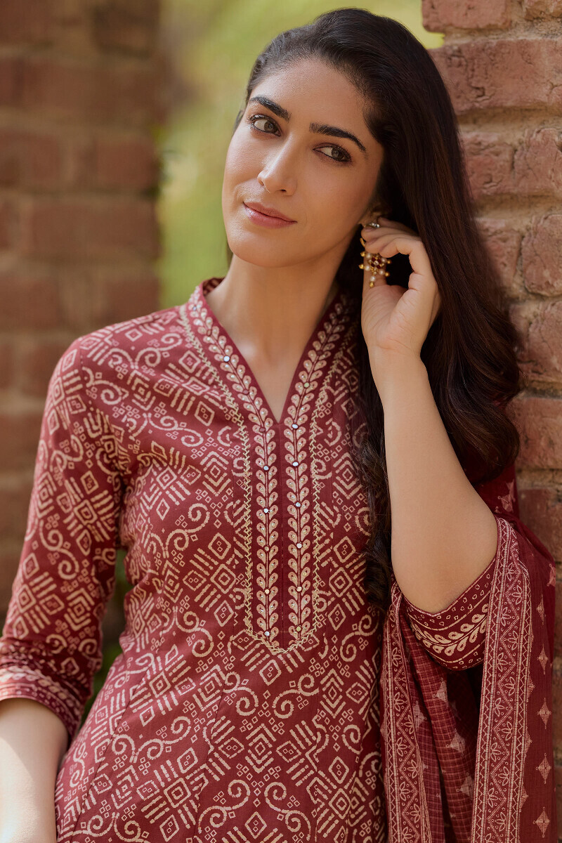 Maroon Printed Anarkali Cotton Kurta