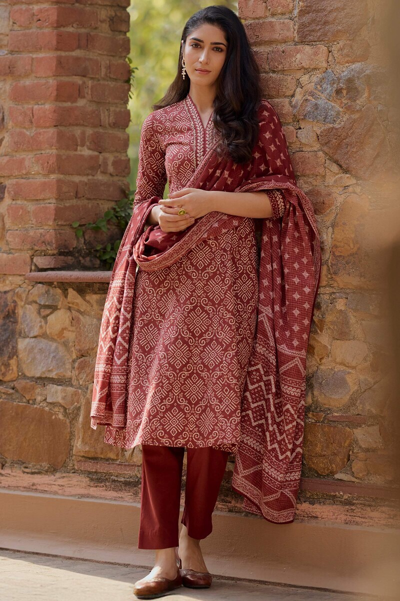 Maroon Printed Anarkali Cotton Kurta