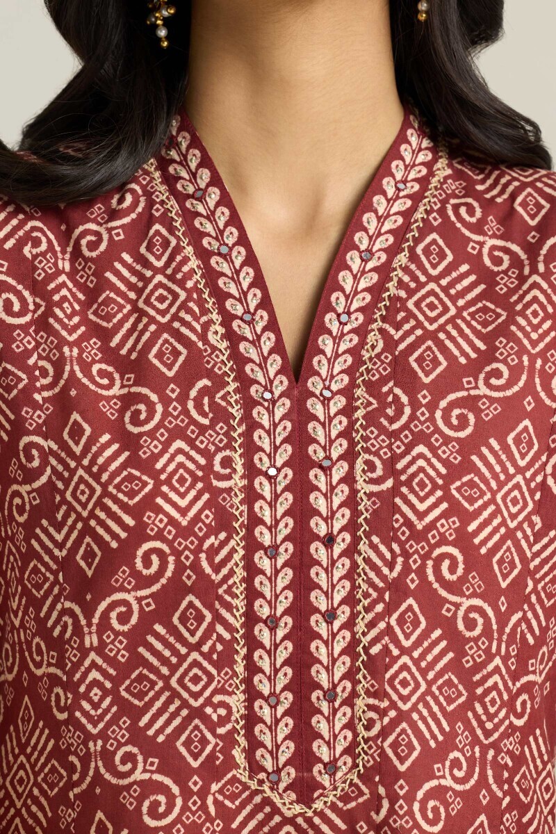 Maroon Printed Anarkali Cotton Kurta