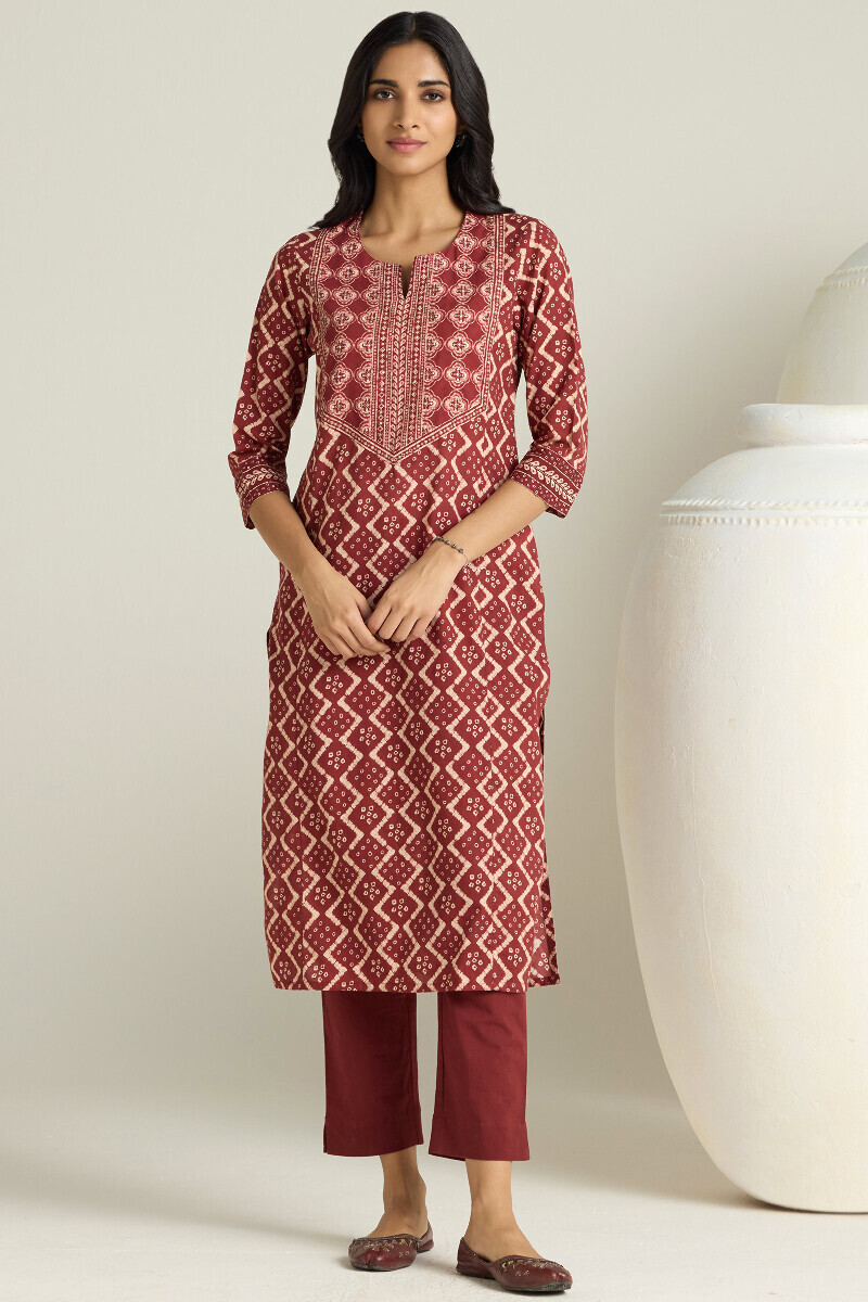 Maroon Printed Straight Cotton Kurta