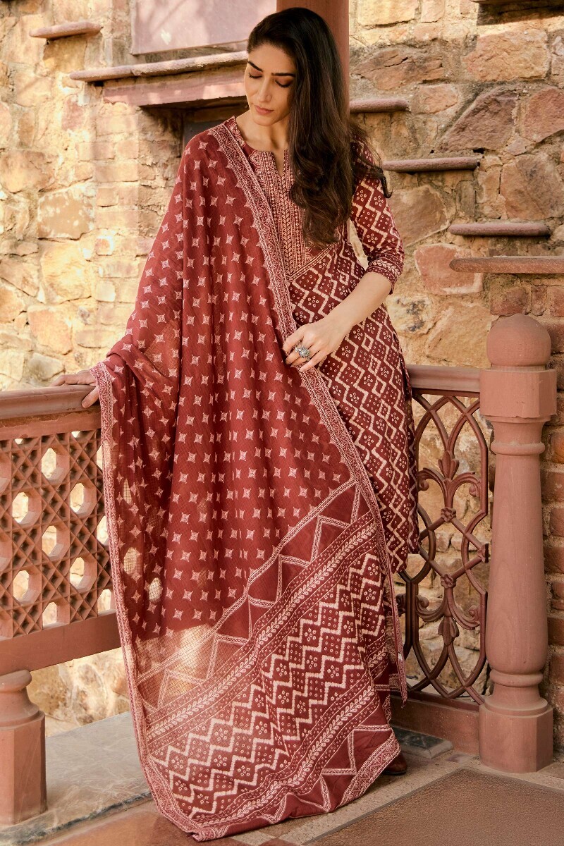 Maroon Printed Straight Cotton Kurta