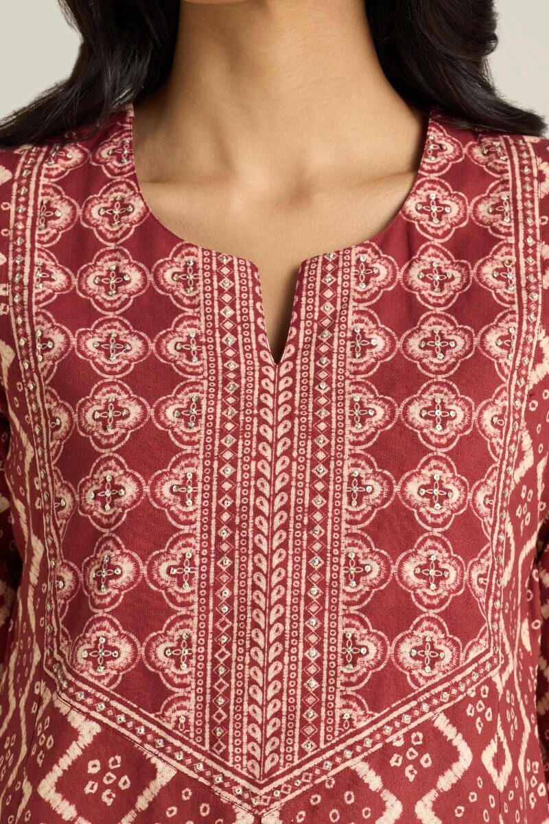 Maroon Printed Straight Cotton Kurta