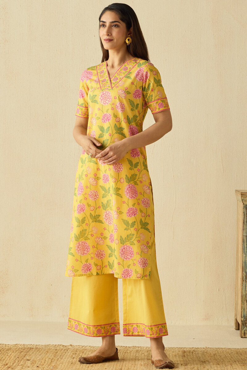 Yellow Printed Straight Cotton Kurta