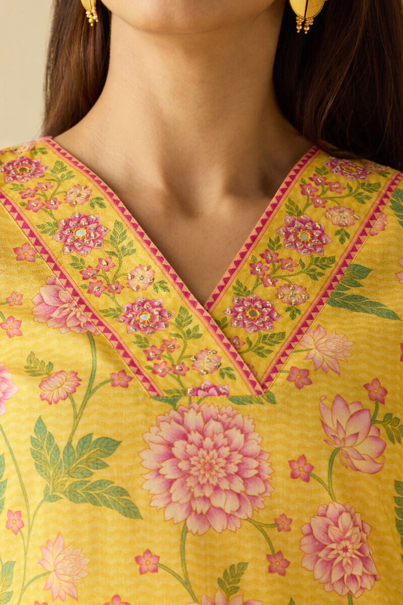Yellow Printed Straight Cotton Kurta