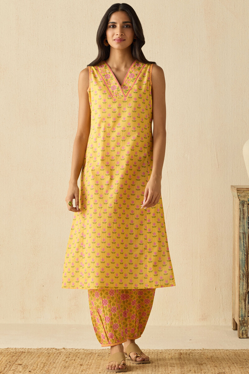 Yellow Printed Straight Cotton Kurta