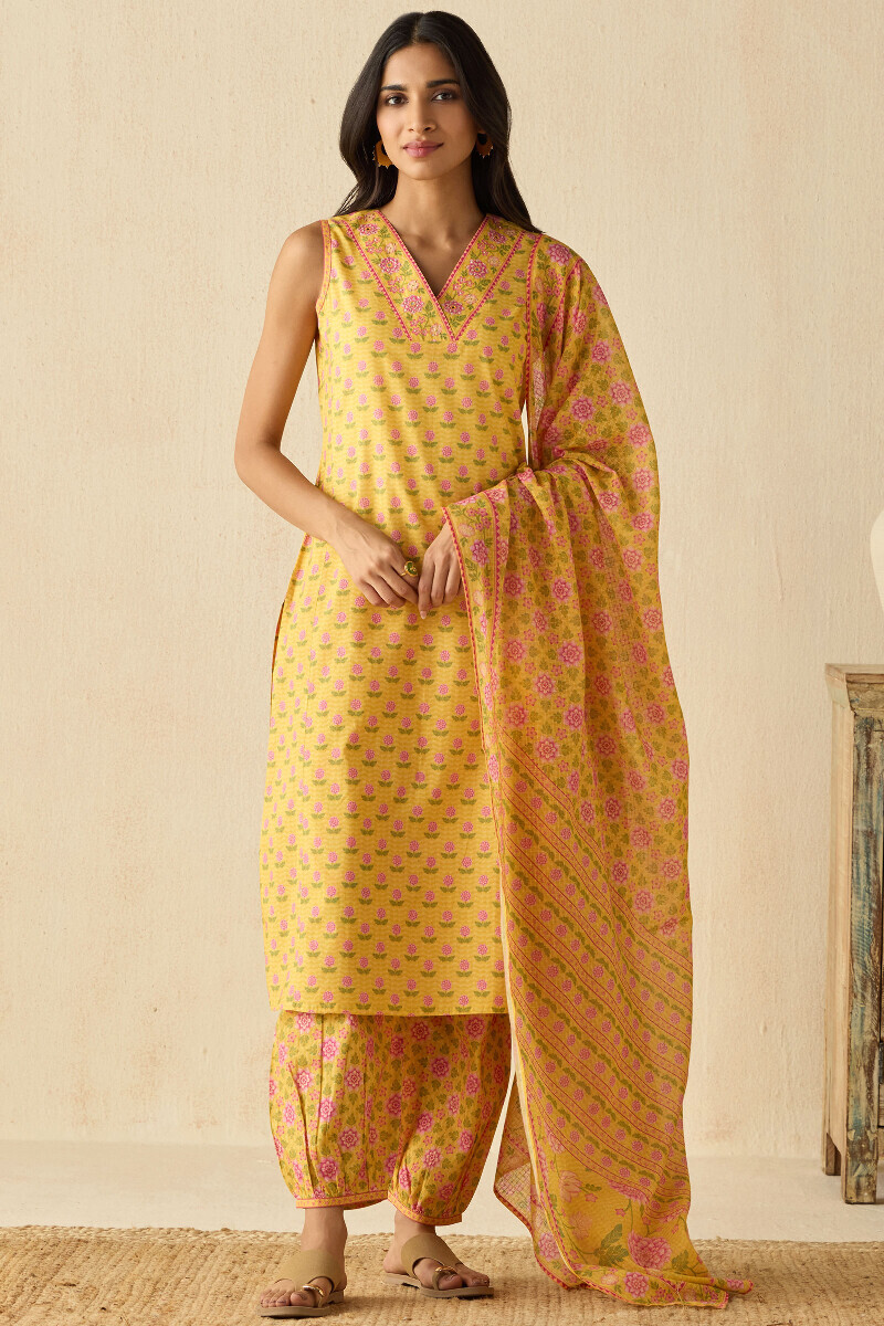 Yellow Printed Straight Cotton Kurta