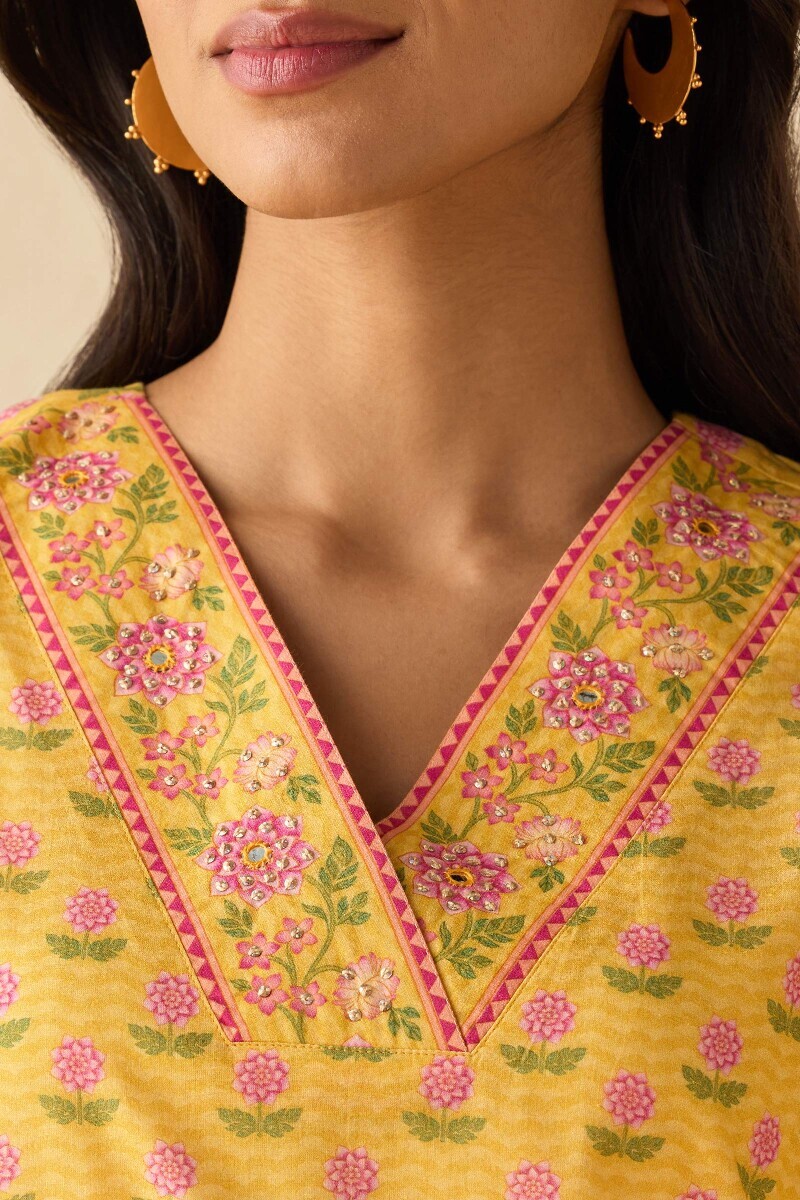 Yellow Printed Straight Cotton Kurta