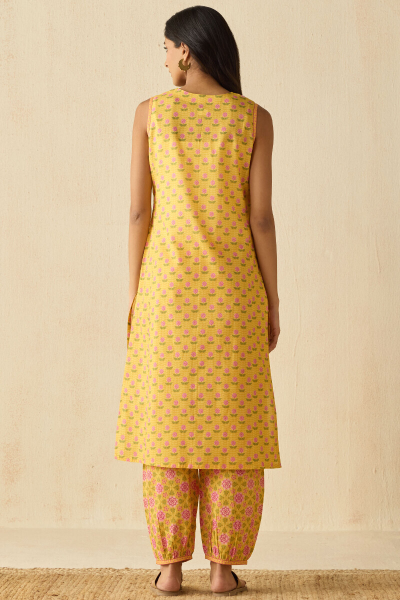 Yellow Printed Straight Cotton Kurta