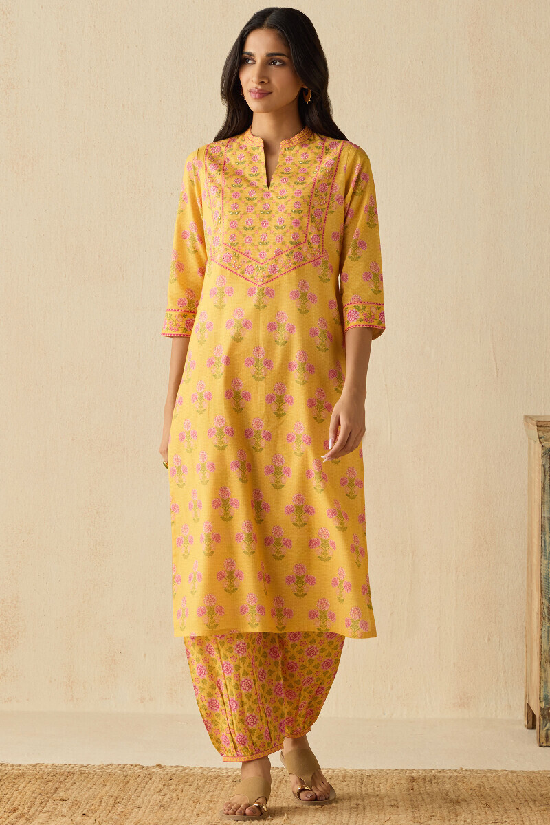 Yellow Printed Straight Cotton Kurta