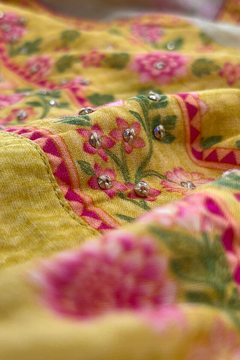 Yellow Printed Straight Cotton Kurta