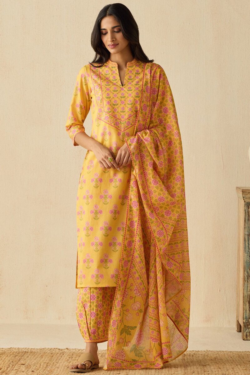 Yellow Printed Straight Cotton Kurta