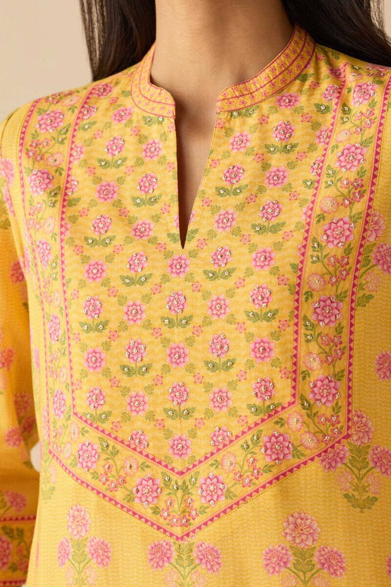 Yellow Printed Straight Cotton Kurta