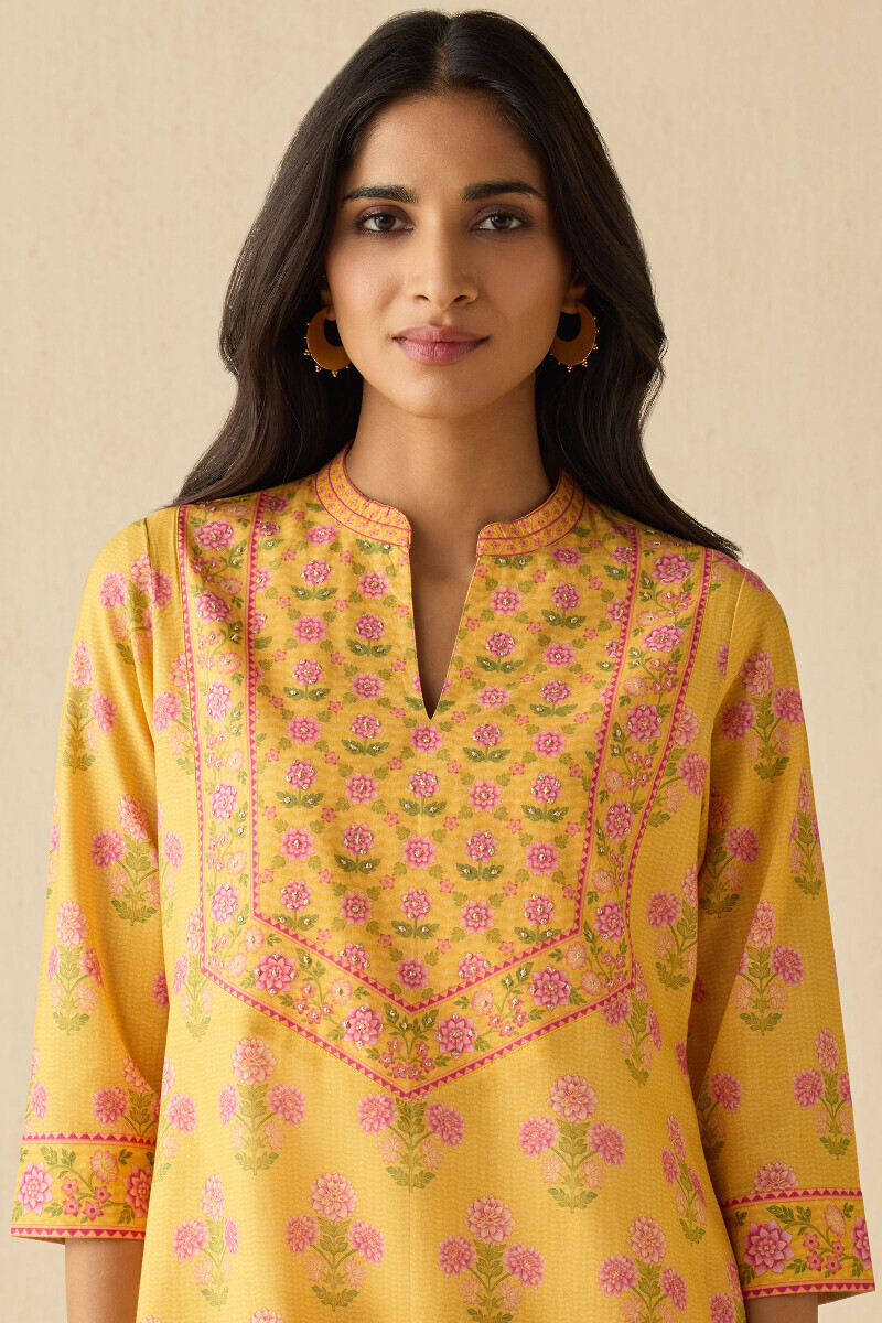 Yellow Printed Straight Cotton Kurta