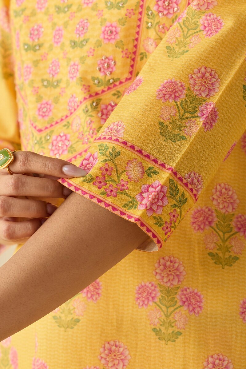 Yellow Printed Straight Cotton Kurta
