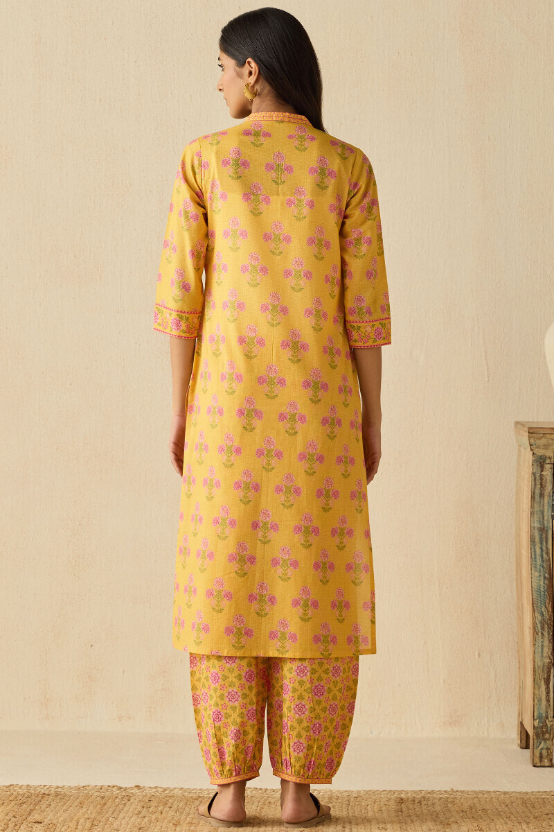 Yellow Printed Straight Cotton Kurta