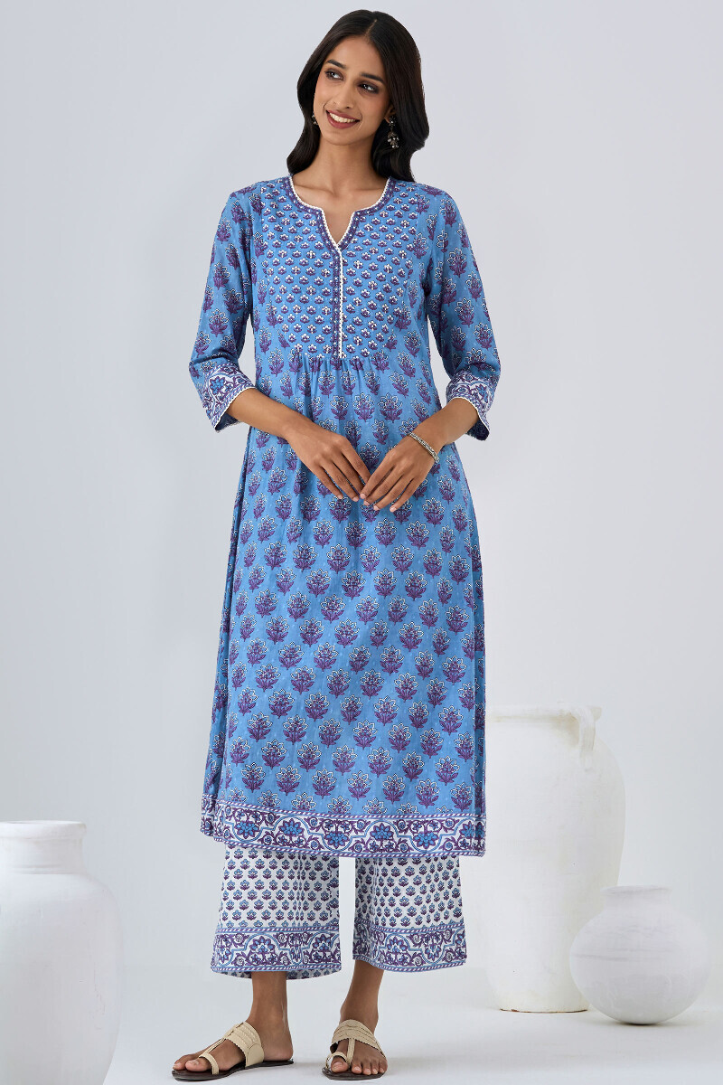 Blue Hand Printed A-Line Cotton Dobby Kurta