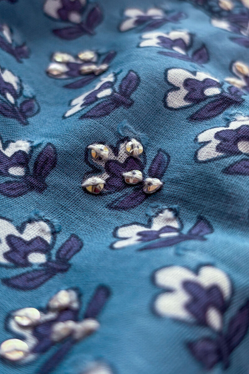Blue Hand Printed A-Line Cotton Dobby Kurta