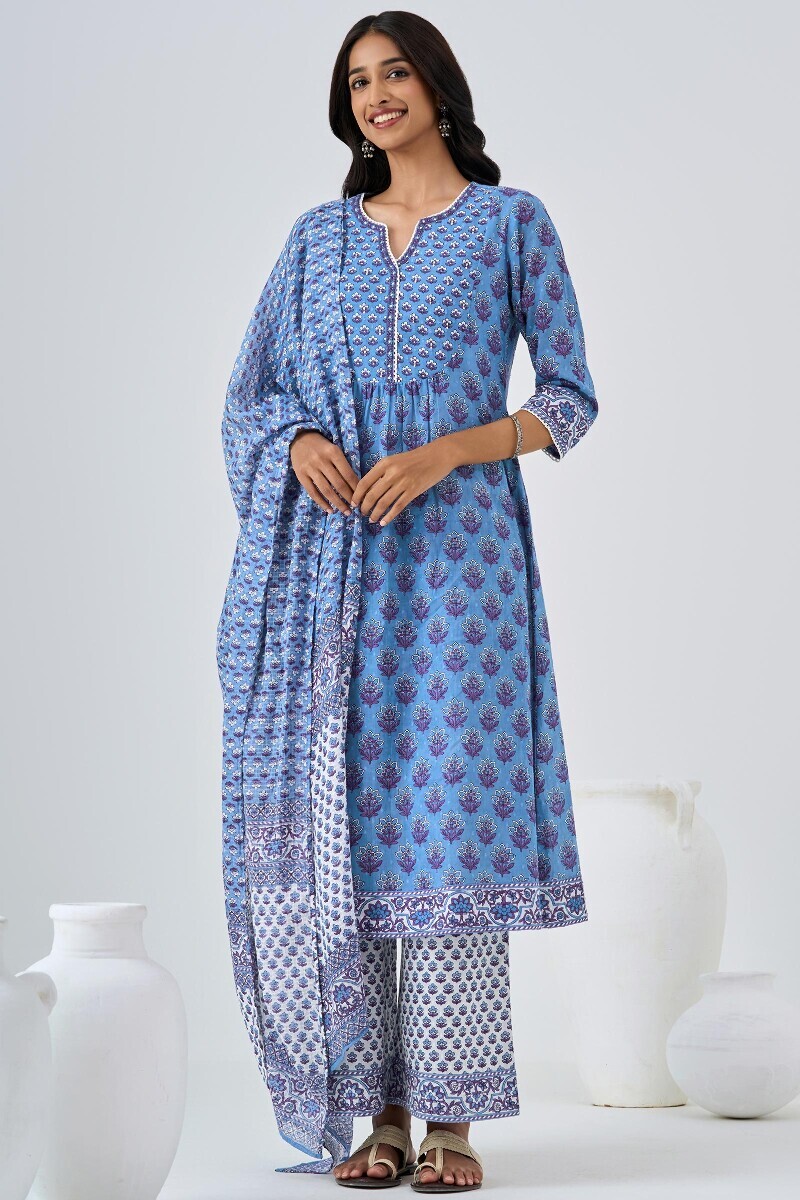 Blue Hand Printed A-Line Cotton Dobby Kurta