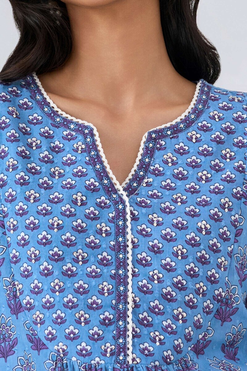 Blue Hand Printed A-Line Cotton Dobby Kurta