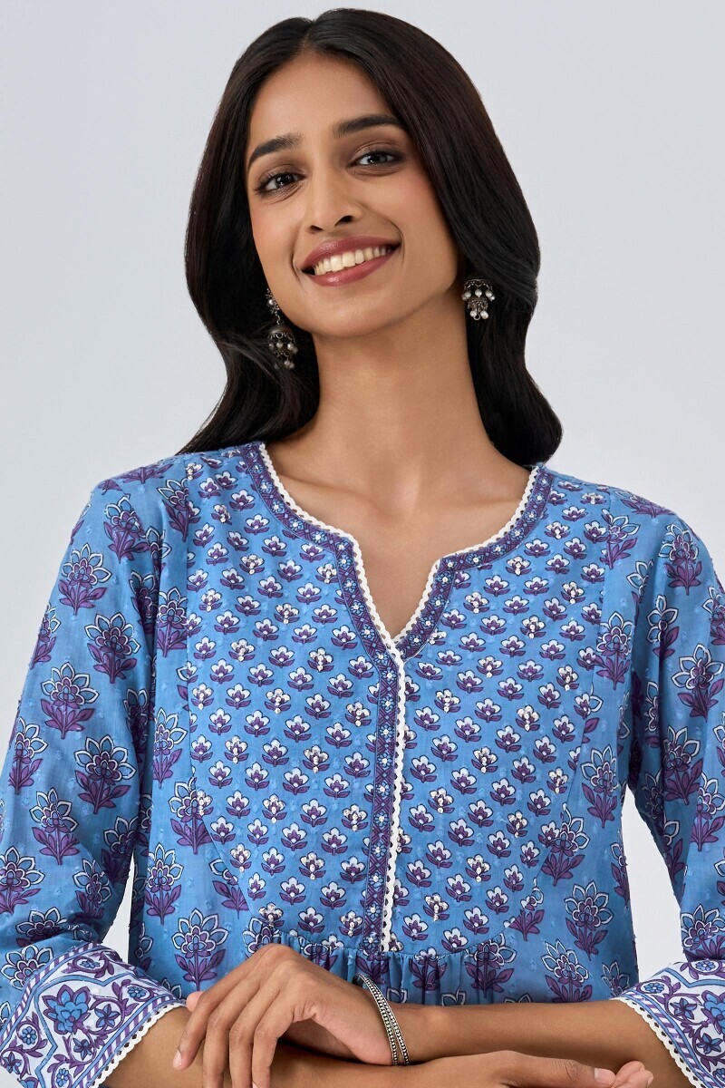 Blue Hand Printed A-Line Cotton Dobby Kurta