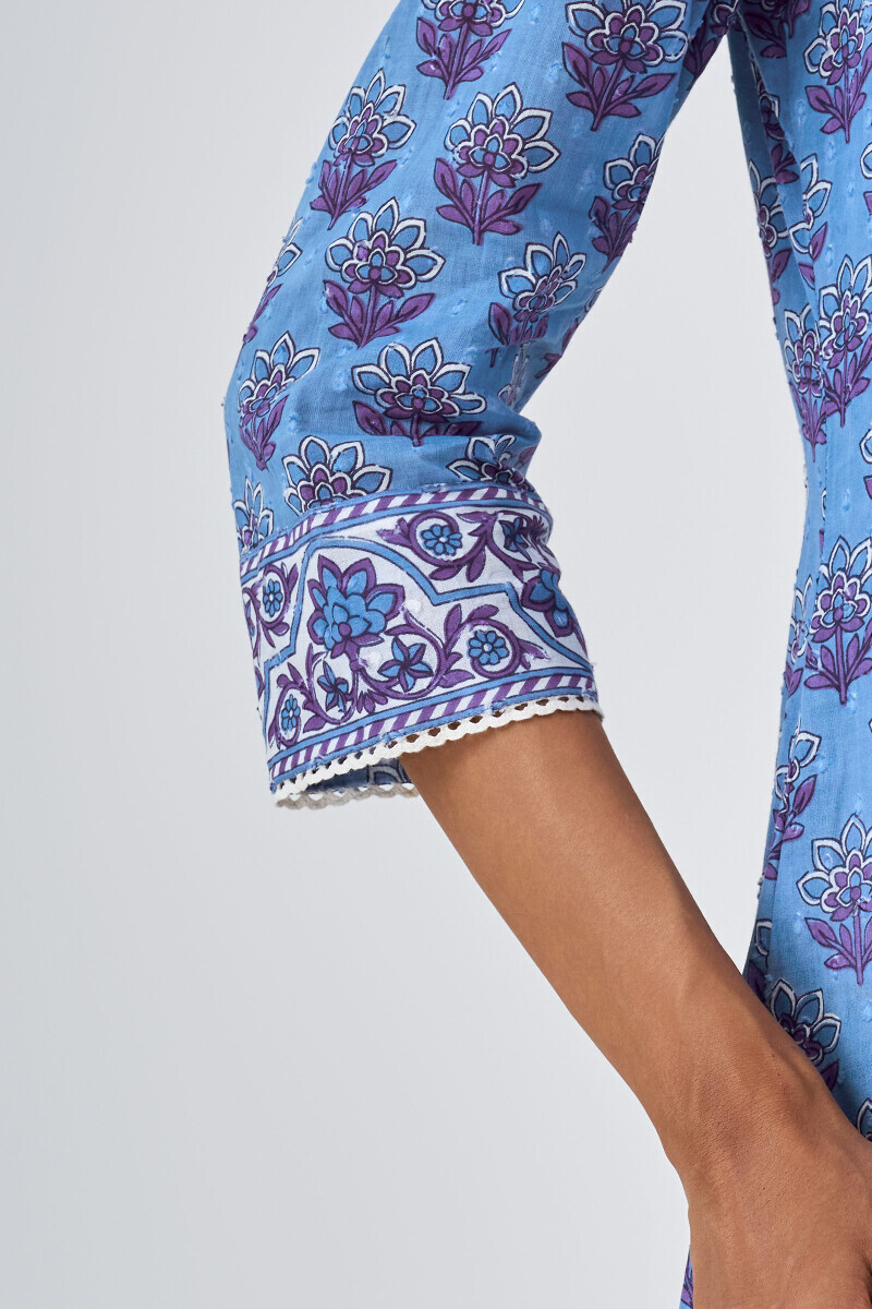 Blue Hand Printed A-Line Cotton Dobby Kurta