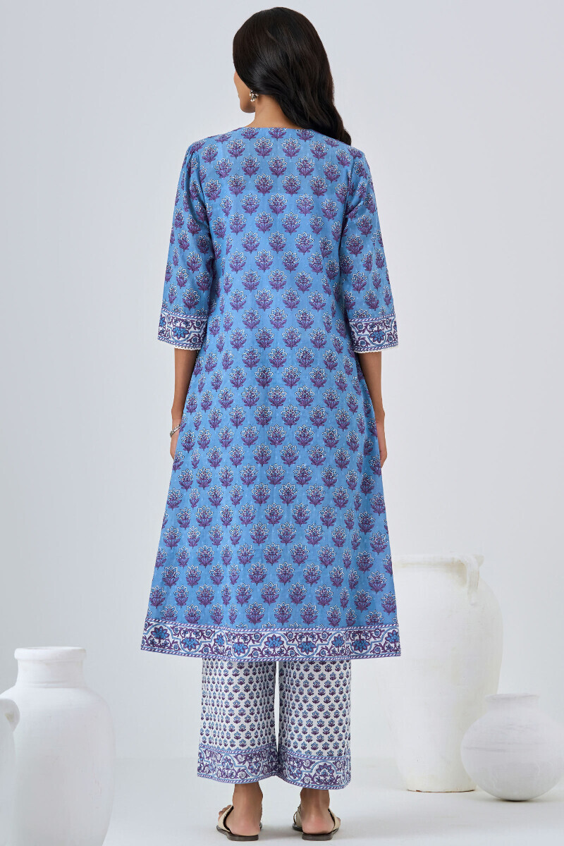 Blue Hand Printed A-Line Cotton Dobby Kurta