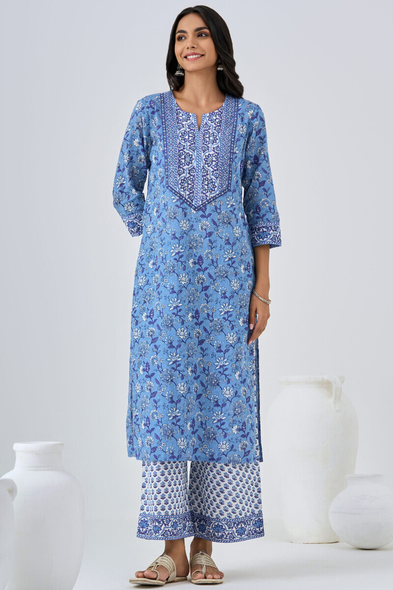 Blue Hand Printed Straight Cotton Dobby Kurta