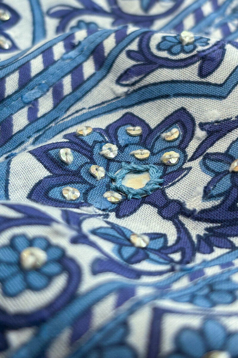 Blue Hand Printed Straight Cotton Dobby Kurta