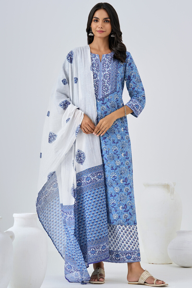Blue Hand Printed Straight Cotton Dobby Kurta