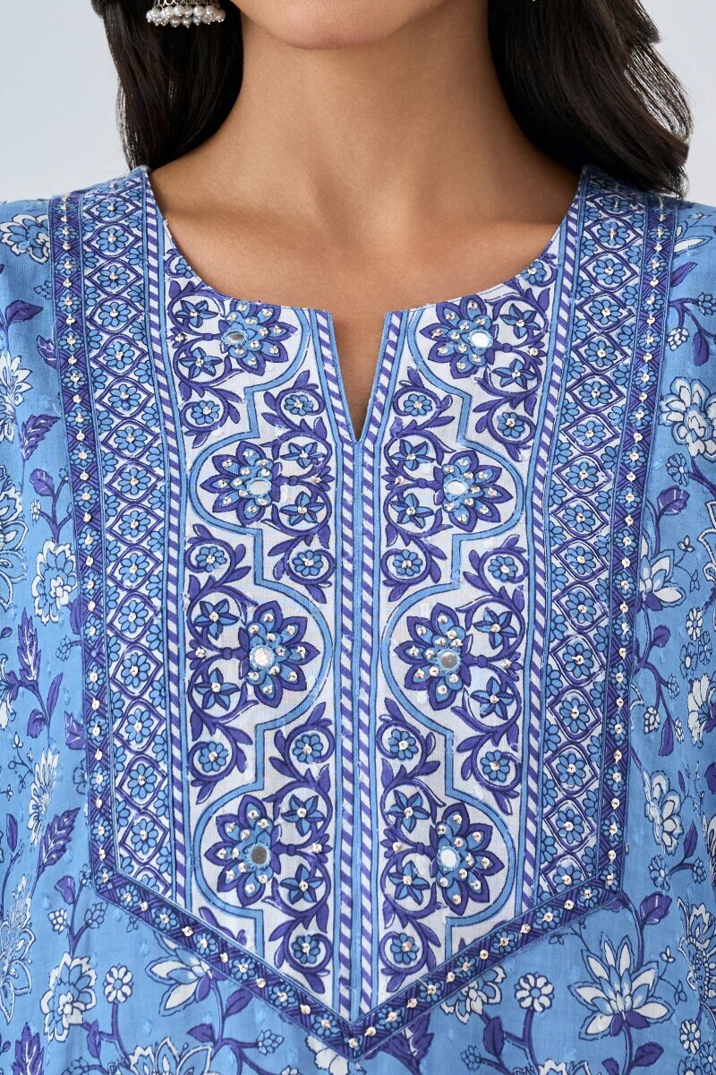 Blue Hand Printed Straight Cotton Dobby Kurta
