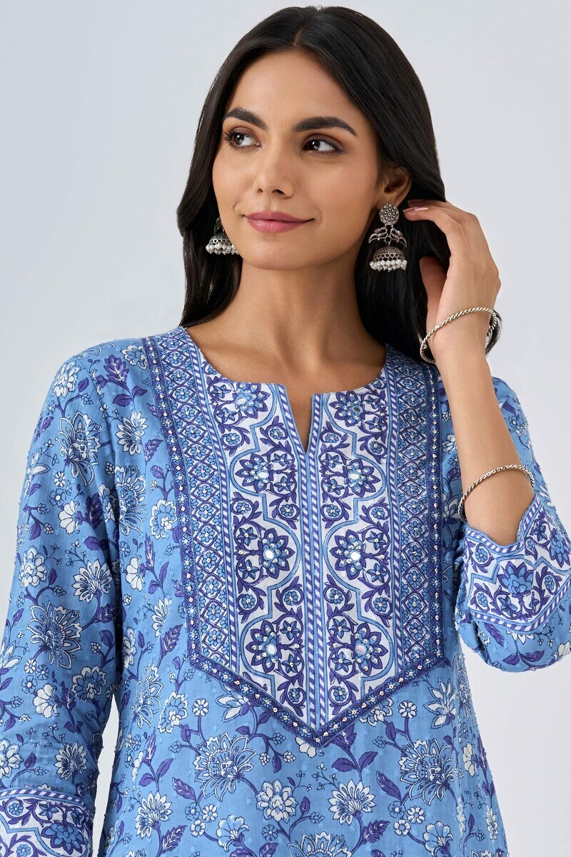 Blue Hand Printed Straight Cotton Dobby Kurta