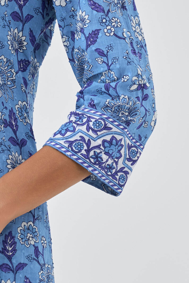 Blue Hand Printed Straight Cotton Dobby Kurta