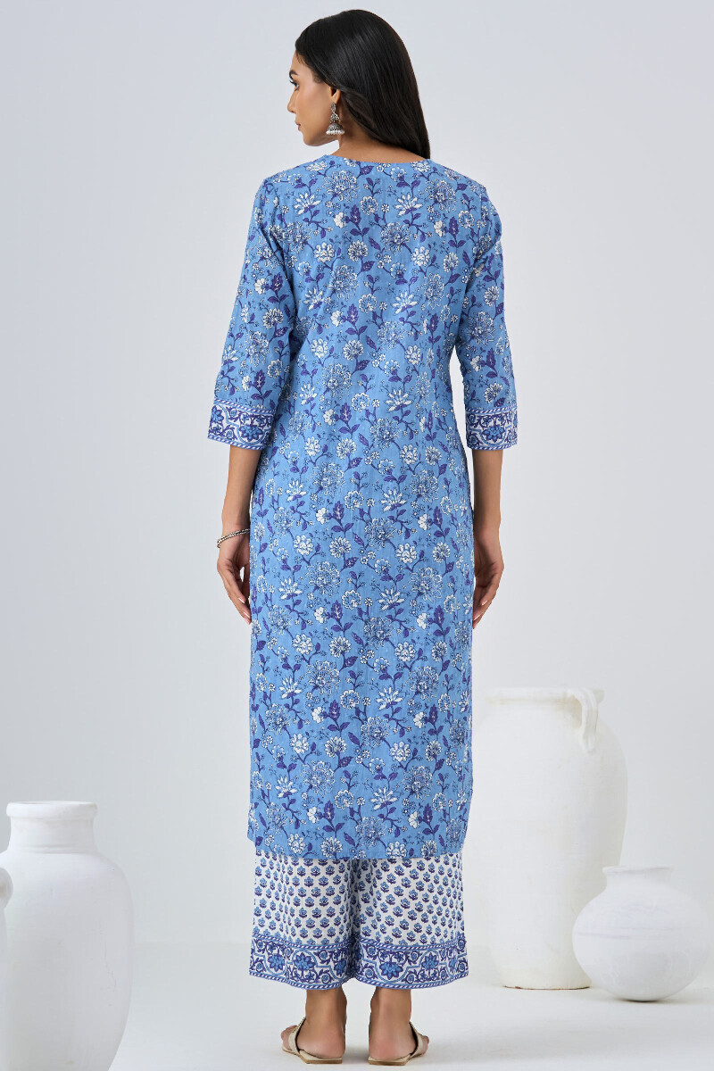 Blue Hand Printed Straight Cotton Dobby Kurta